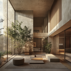 Individual in a modern urban setting balancing contemporary design with natural elements.
