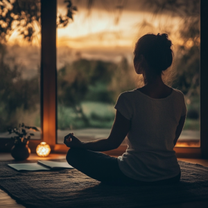 Person engaging in daily mindfulness practice in a cozy, sunlit home environment.