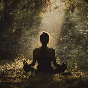 Individual practicing mindfulness meditation in a serene, softly lit environment.