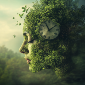 Mindfulness tips illustration with practical icons and a focused individual in a minimal setting.