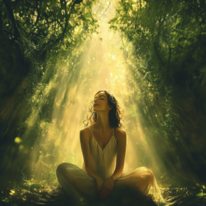 Individual embracing daily affirmations in a bright, serene setting.