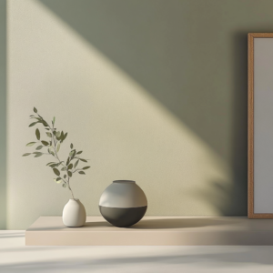 Clean minimalist setup with simple decor and neutral background.