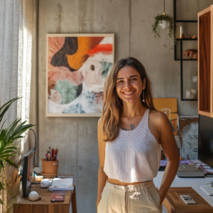 Modern individual integrating mind empowerment techniques in a balanced setting with digital and natural elements.