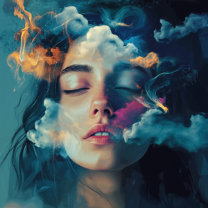 Individual in a confident, contemplative pose with vibrant light elements, symbolizing mind empowerment.