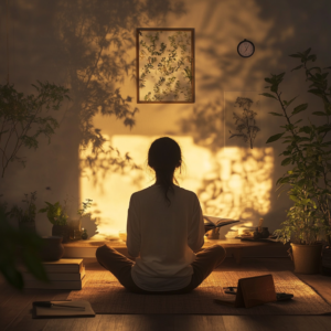Daily routine for finding harmony with a person engaging in calming activities in an organized, serene environment.