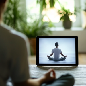 Guided meditation on YouTube with a device displaying an instructor and calming interface elements.