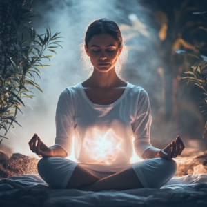 Meditation benefits scene featuring a relaxed individual meditating in a serene, nature-inspired setting.