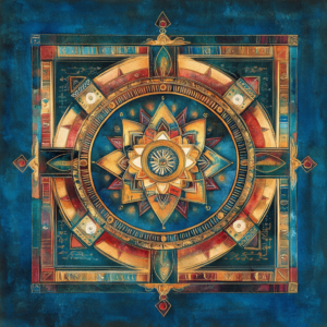 Cultural meditation scene featuring diverse traditional elements like mandalas, calligraphy, and sacred natural settings.