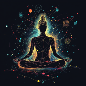 Meditative figure surrounded by scientific symbols and stoic classical elements.