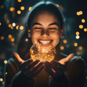 Fulfilled motivation scene showcasing a confident individual with symbols of achievement and success.