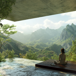 Serene landscape with a relaxed individual enjoying nature for well-being.