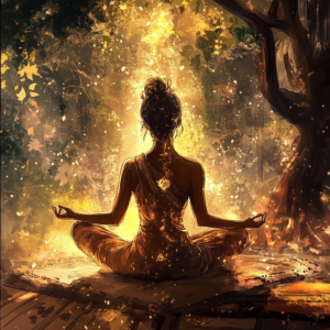 Individual integrating stoic meditation into daily life in a modern setting with ancient symbols.