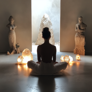 Individual meditating in a serene setting with subtle classical stoic elements.