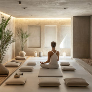 Individual practicing stoic meditation in a minimalist setting with subtle ancient cues.