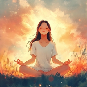 Meditation intro for stress relief featuring a serene individual in a peaceful setting with soft colors.