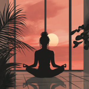 Modern meditation for stress relief with a serene individual in a minimalist, tech-inspired setting.