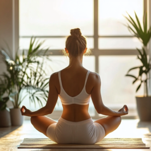 Individual integrating mindful breathing into daily life in a modern, harmonious environment.