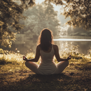 Individual meditating with a focus on deep, mindful breathing in a calm, airy setting.