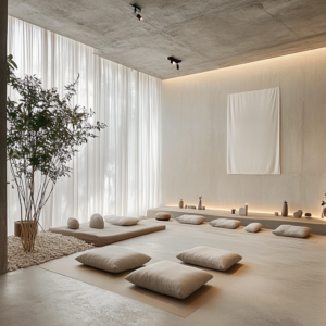 Serene meditation setup featuring a yoga mat, cushions, and natural decor for mindful breathing practice.