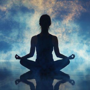 Individual engaged in a mindful practice, surrounded by natural light and a serene environment.