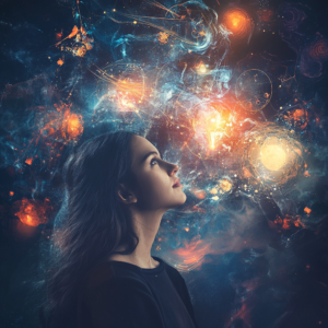 Person practicing visualization with inspiring graphic elements representing goals and ideas.