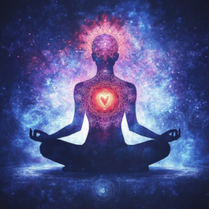 Calm individual with symbolic icons representing the benefits of yoga and meditation.