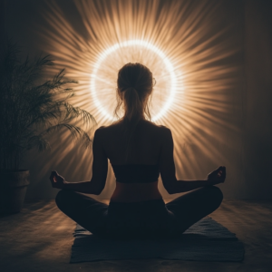 Individual demonstrating the integration of yoga and meditation in a minimalist, balanced setting.