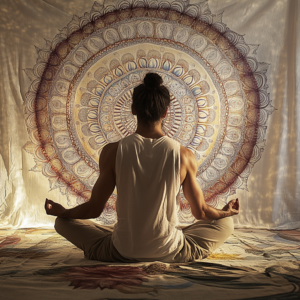 Person practicing yoga and meditation in a serene, naturally lit environment.