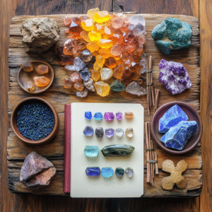 Flatlay of chakra crystals, journal, pen, smudge stick and chakra cards on dark wood