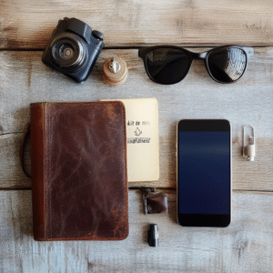 Flatlay of mindful travel kit: journal, pen, eye mask, essential oil, smartphone in airplane mode