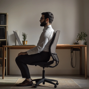Office worker performing seated pigeon pose in ergonomic chair next to desk