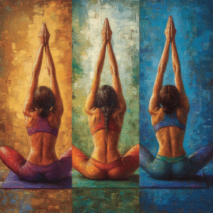 Three yoga mats with practitioners in triangle, bridge, and downward-facing dog poses