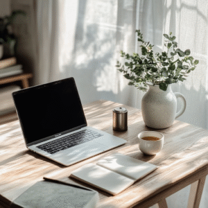 Minimalist workspace with laptop, green plant, and meditation cushion on wooden desk